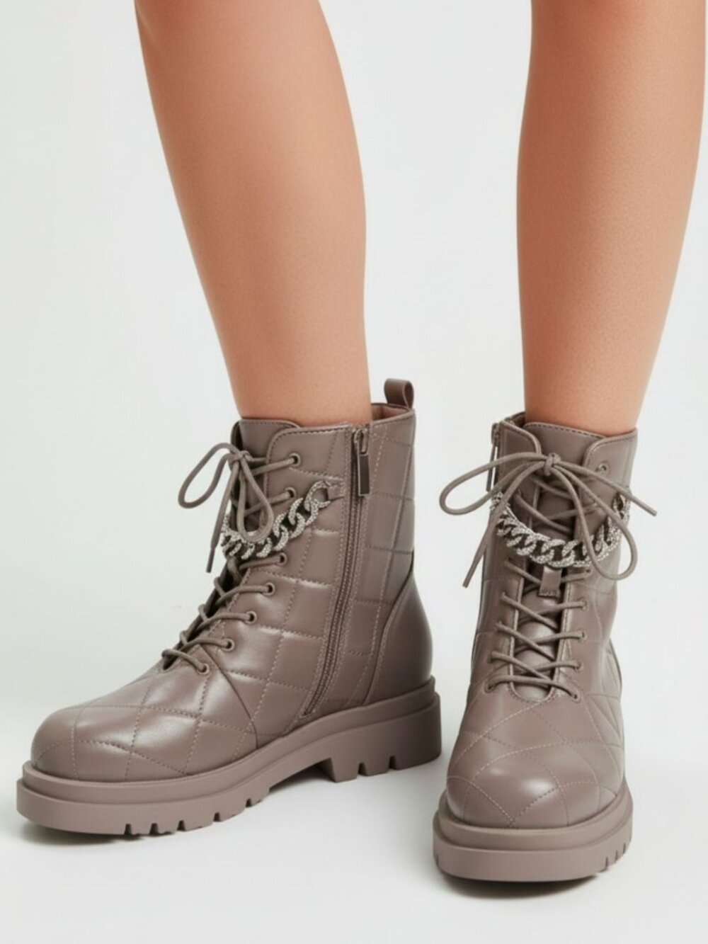 Taupe Quilted Combat Boots Lace Up Chain Detail Lug Sole Ankle Boots